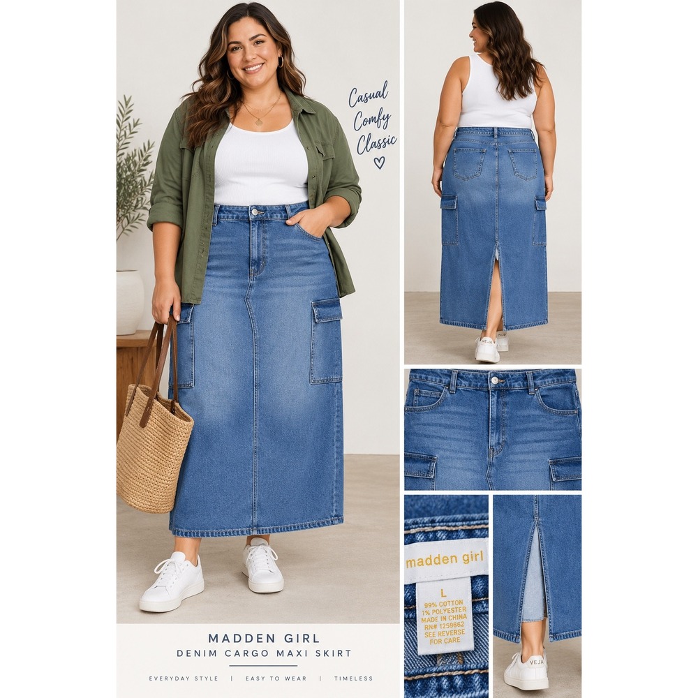 Madden Girl Women's Denim Cargo Maxi Skirt Medium Wash Blue Utility Size L
